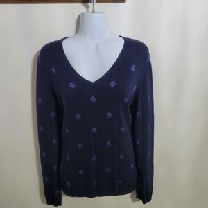 Tommy Hilfiger Womens Sweater Polka Dots Long V-Neck L/G Pullover Top Blue